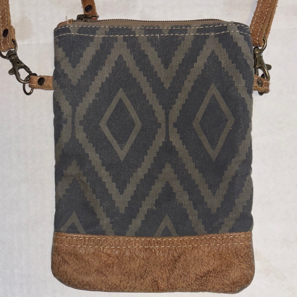 MYRA CROSSBODY BAG DARK GREY/BLUE CANVAS WITH TAN LEATHER TRIM ADJUSTABLE STRAP